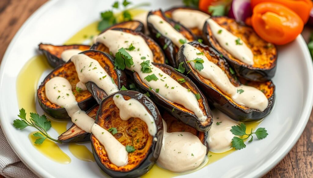 tahini sauce with fresh herbs and eggplant toppings tahini sauce with fresh herbs and eggplant toppings
